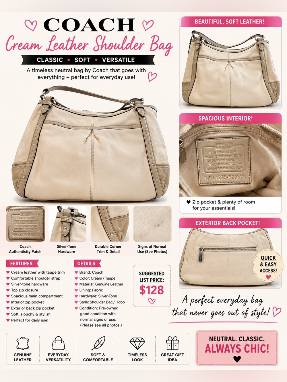 Coach Cream Ivory Genuine Leather Hobo Shoulder Bag F20812